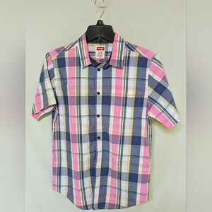 Wrangler boys button up cotton shirt, blue/salmon/white plaid color, XL(14-16)
